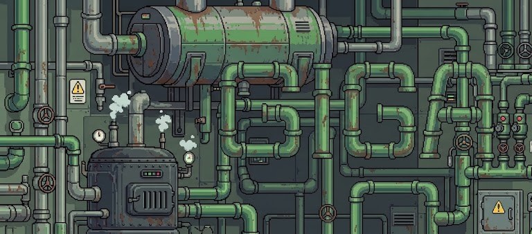 Green pipes in a boiler room bent into the letters GIGA